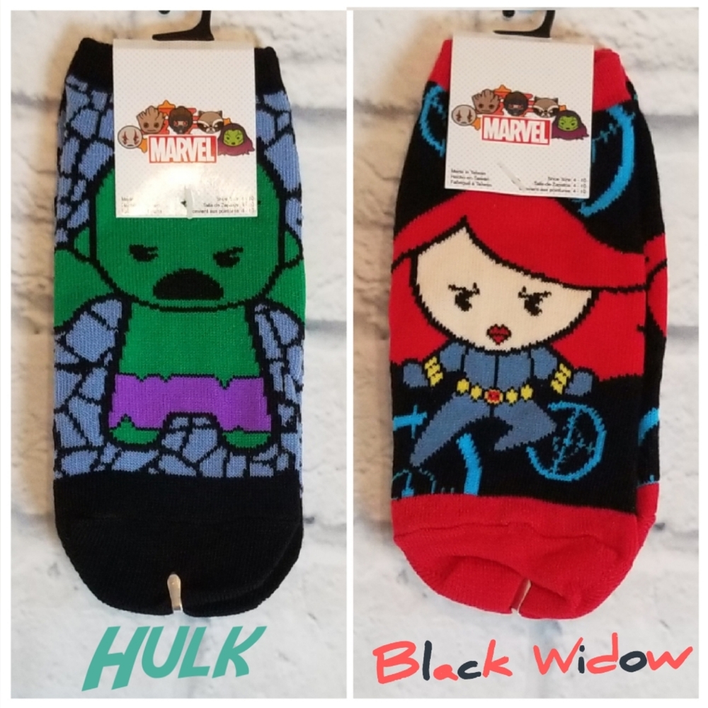 Marvel Avengers Hulk and Black Widow Comic Character Socks 2 Pair No Show Design